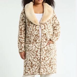 DR2 Tan Women’s Cream Floral Faux Fur Collar Sweater Coatigan Plus 1X NWT